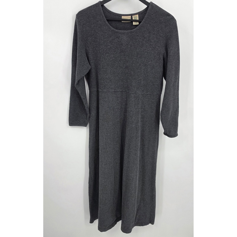Vintage LL Bean Waffle Knit Maxi Dress Cotton Grey Modest Long Sleeve M Petite